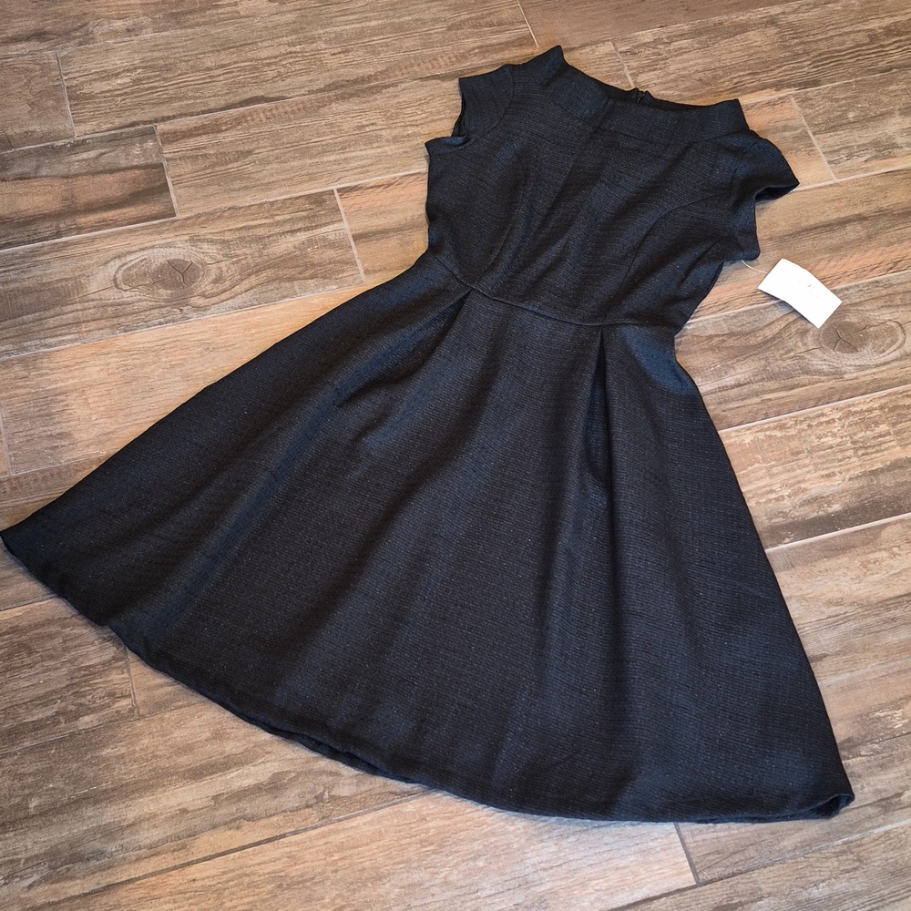Shabby Apple Shimmery Black Cap Sleeve Tea Length Dress, XS